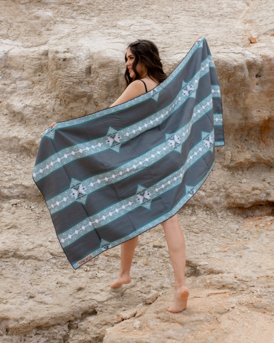 Packable Beach Towel-Women Holding Beach Towel Back View-Mikkoa Boho Days Beach Towel