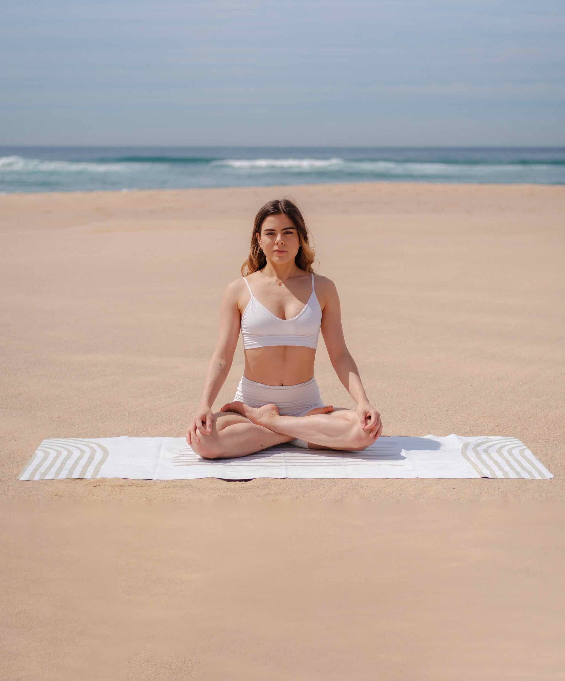Portable Travel Yoga Mat-Women Doing Yogasana Near Ocean-Mikkoa Cosmic Flow Travel Yoga Mat